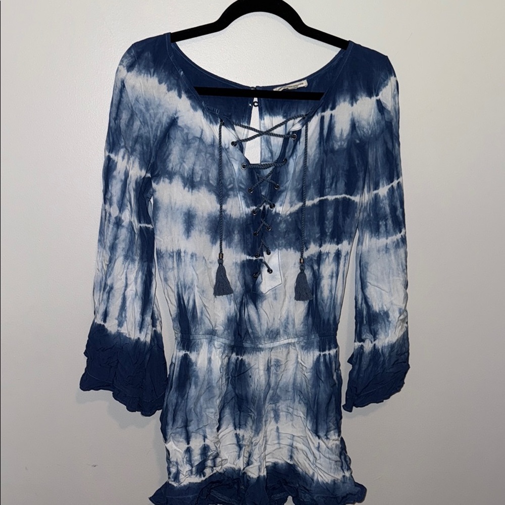 American Eagle Blue Tie-Dye Lace-Up Blouse